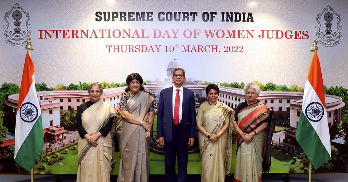 Former Chief Justice NV Ramana, Justice Hima Kohli, Justice Bela M Trivedi, Justice Indira Banerjee and Justice BV Nagarathna.