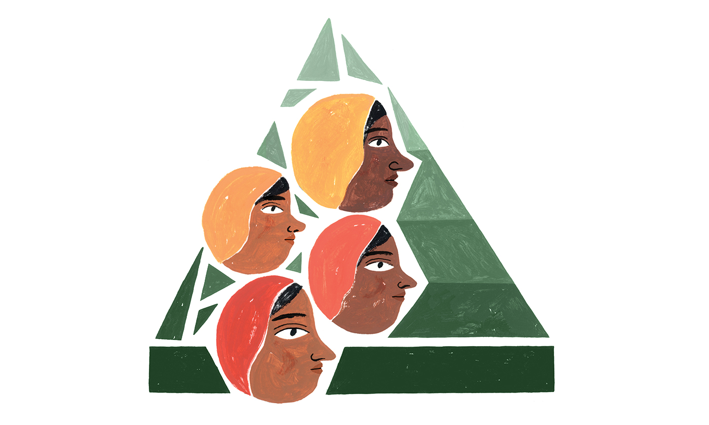 Illustration of four faces breaking free out of a rigid triangle sectioned into four rectangular parts.